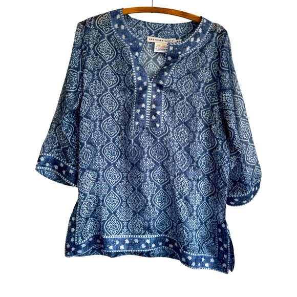 Gretchen Scott 100% Silk Grecian Blue and White Split Hem Tunic Size Medium - Picture 1 of 9